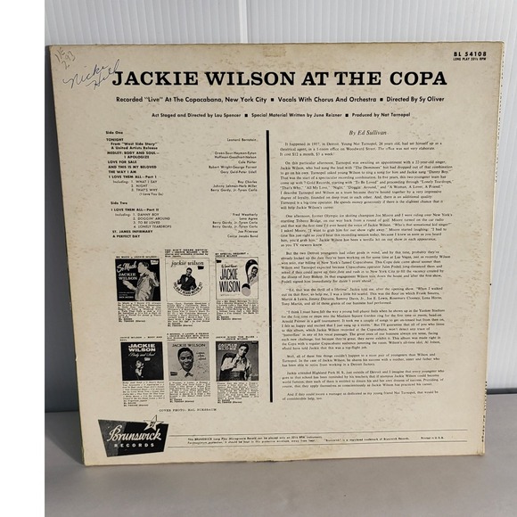 Jackie Wilson At The Copa Brunswick Records Vinyl‎ LP BL 54108  Vocals Orchestra - Picture 5 of 9